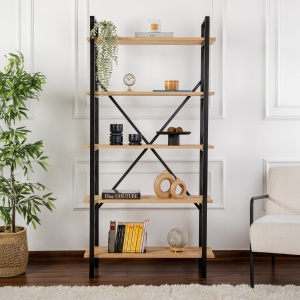 Biblioteca Elysian din PAL melaminat si metal, 90 cm, culoare stejar cu negru - Img 3