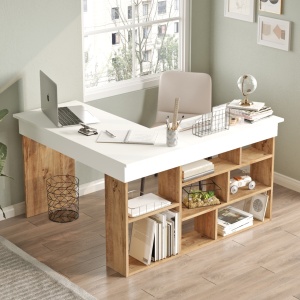 Birou de colt cu rafturi, Aramis, 115x120x42 cm, pin - alb