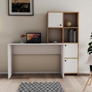 Birou lucru cu rafturi dreapta, dimensiuni 120x75x51.5 cm, alb cu stejar - Img 1