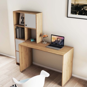 Birou lucru cu rafturi stanga, dimensiuni 120x75x51,5 cm, alb cu stejar