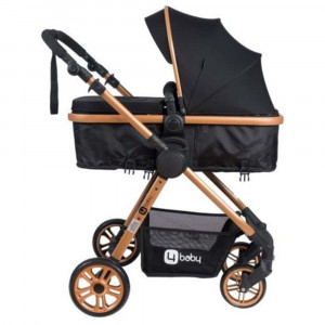 Carucior copii cu maner reversibil, pliabil, spatar reglabil si rabatabil, Comfort Gold, negru