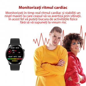 Ceas inteligent smartwatch barbati - femei, ritm cardiac, oxigen sange, tensiune arteriala, Efour Tech KC08, roz