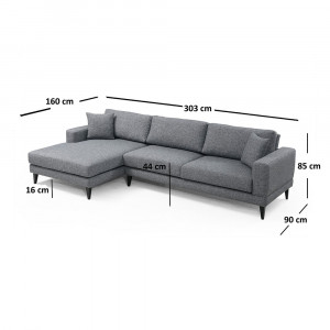 Coltar cu sezlong stanga Nordic, gri inchis, 303x160x85cm
