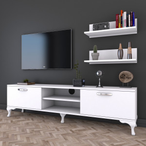  Comoda TV clasic, cu 2 rafturi suspendate, alb, Mina