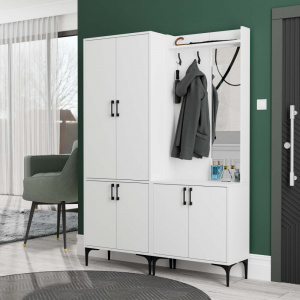 Dulap multifunctional cu cuier, polita si oglinda dreapta, 140x35x195 cm, alb