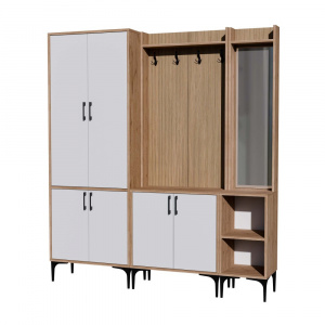 Dulap multifunctional cu cuier,polita si oglinda dreapta, 175x35x195, alb cu stejar