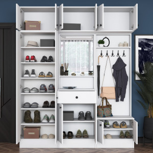 Dulap multifunctional cu multiple spatii de depozitare, pantofar, cuier, alb