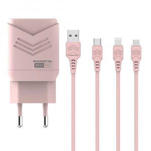 Incarcator retea SMS-A33, Quick Charge3.0, Putere 18W, plus cablu Lightning, roz