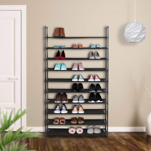 Pantofar etajera cu 10 rafturi din otel galvanizat si textil, 95x28x175 cm, Asos, negru