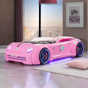Pat pentru copii Car cu LED, Pink Love, 230x120x60cm