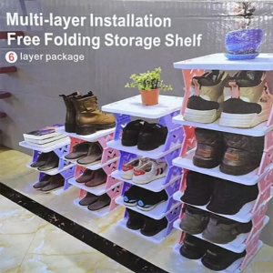 Raft organizator rabatabil pentru pantofi,  modular, cu 2 rafturi, alb cu albastru 