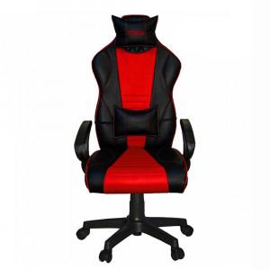 Scaun gaming cu perna Asos, rotativ, piele ecologica, negru cu rosu