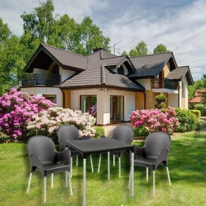 Set masa cu patru scaune, cadru din plastic rezistent si picioare din aluminiu, exterior si interior