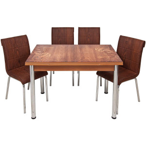 Set masa extensibil, Floare de Nuc, MDF acoperit cu sticla, 4 scaune din piele ecologica, picioare cromate
