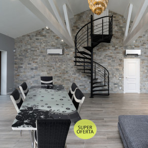 Set masa extensibila, negru cu alb, MDF acoperit cu sticla, 6 scaune din piele ecologica, living si bucatarie, picioare cromate