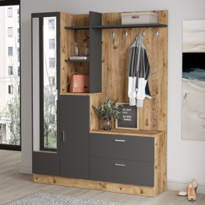 Set modern pentru hol cu polite si oglinda, 140x35x182, pin cu antracit