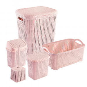 Set pentru baie din plastic, 5 piese, culoare roz