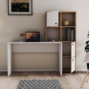 Birou lucru cu rafturi dreapta, dimensiuni 120x75x51.5 cm, alb cu stejar - Img 2