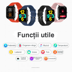 Ceas inteligent smartwatch, ritm cardiac, tensiune arteriala, oxigen sange, GPS, Efour Tech Q9Pro, rosu