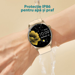 Ceas inteligent smartwatch barbati - femei, ritm cardiac, oxigen sange, tensiune arteriala, Efour Tech KC08, auriu