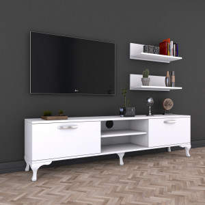  Comoda TV clasic, cu 2 rafturi suspendate, alb, Mina