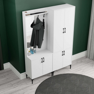 Dulap multifunctional cu cuier si oglinda stanga, 140x35x195, alb