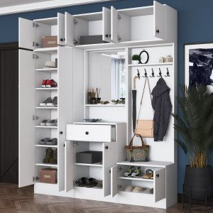 Dulap multifunctional cu multiple spatii de depozitare, pantofar, cuier, alb