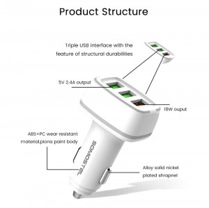 Incarcator auto cu 3 porturi, Model SMS-A48, Quick Charge 3.0, 30W