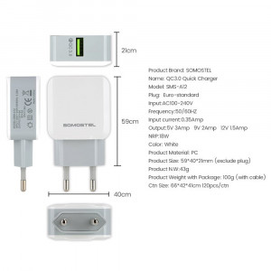 Incarcator retea cu SMS-A12, iesire de 5V 2.1A, alb