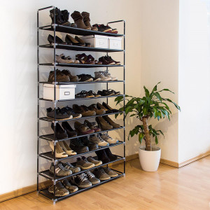 Pantofar etajera cu 10 rafturi din otel galvanizat si textil, 95x28x175 cm, Asos, negru