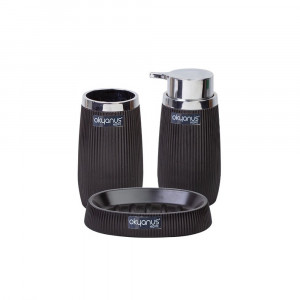 Set 3 accesorii baie din plastic dur Stripe, dozator sapun lichid, sapuniera, suport periute, negru