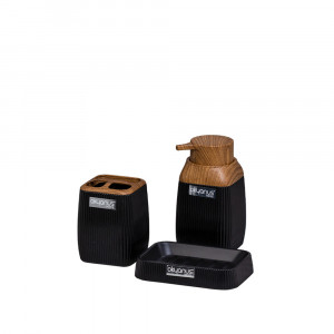 Set 3 accesorii baie, plastic dur, dozator sapun lichid, sapuniera, suport periute, Okyanus, negru