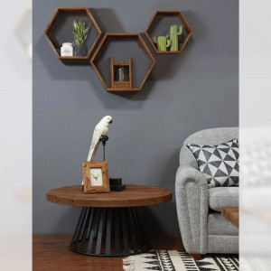 Set 3 rafturi de perete din lemn pin, Hexagon, maro