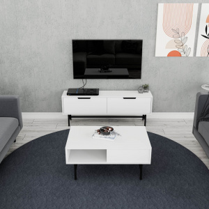 Set comoda TV si masuta de cafea, 138x29.5x50 cm, 90x54x39.6 cm, alb cu negru