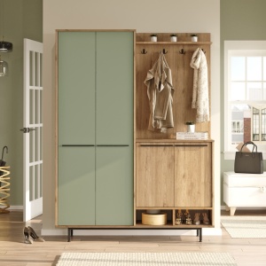Set modern pentru hol cu polite, 147x35,5x195,6, stejar - verde smarald