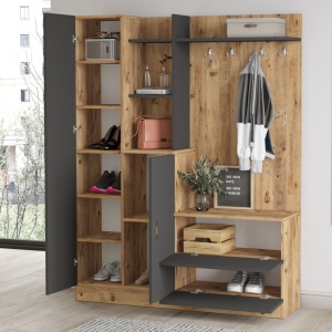 Set modern pentru hol cu polite si oglinda, 140x35x182, pin cu antracit
