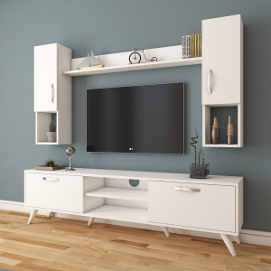 Comoda TV cu rafturi suspendate, Nevada C27A, alba, 180x35x48,6 cm