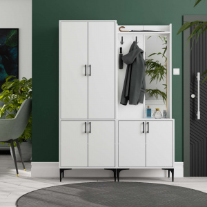 Dulap multifunctional cu cuier, polita si oglinda dreapta, 140x35x195 cm, alb
