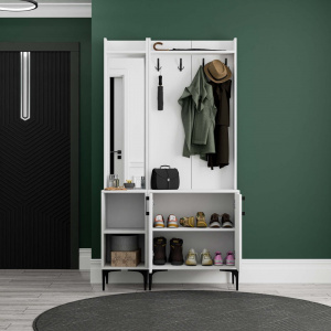 Dulap multifunctional cu cuier si oglinda stanga, 105x35x195, alb