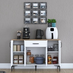 Duap multifunctional cu sertar, alb cu blat nuc, din PAL, Jerra