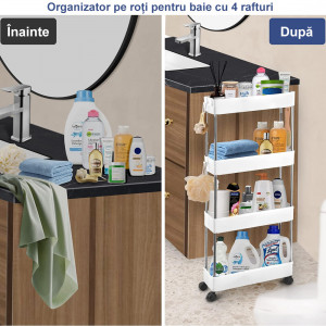 Organizator pe roti pentru baie cu 4 rafturi, Asos, alb