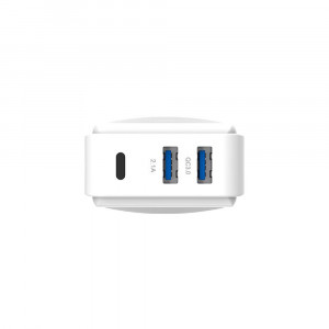 Incarcator retea cu 3 porturi SMS-A114, Quick Charge 3.0 si iesire de 5v 2.1A, plus cablu Lightning alb