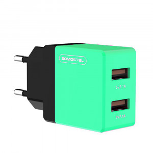 Incarcator retea cu 2 porturi, model Macaron SMS-A53 plus cablu Lightning, verde