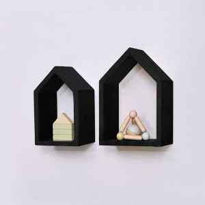 Set 2 rafturi perete din lemn de pin Home, negru