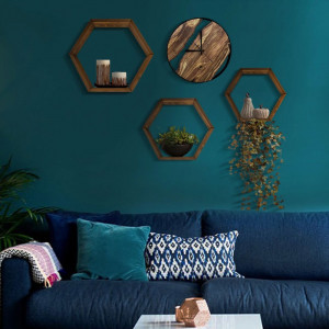 Set 3 rafturi de perete din lemn pin, Hexagon, maro