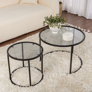 Set de 2 masute de cafea Aurum cu blat din sticla securizata si cadru metalic, negru cu gri - Img 4