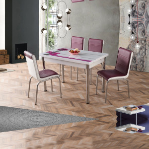 Set masa extensibila Bordo, MDF acoperit cu sticla, 4 scaune cu piele ecologica, picioare cromate
