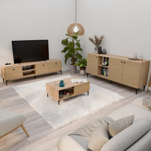 Set comoda TV, comoda sufragerie si masuta de cafea, 180x35x52 cm, 180x45x80 cm, 90x54x40.6 cm, stejar