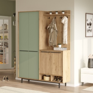Set modern pentru hol cu polite, 147x35,5x195,6, stejar - verde smarald