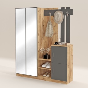 Set modern pentru hol cu polite si oglinzi, 147x35x180, pin - antracit